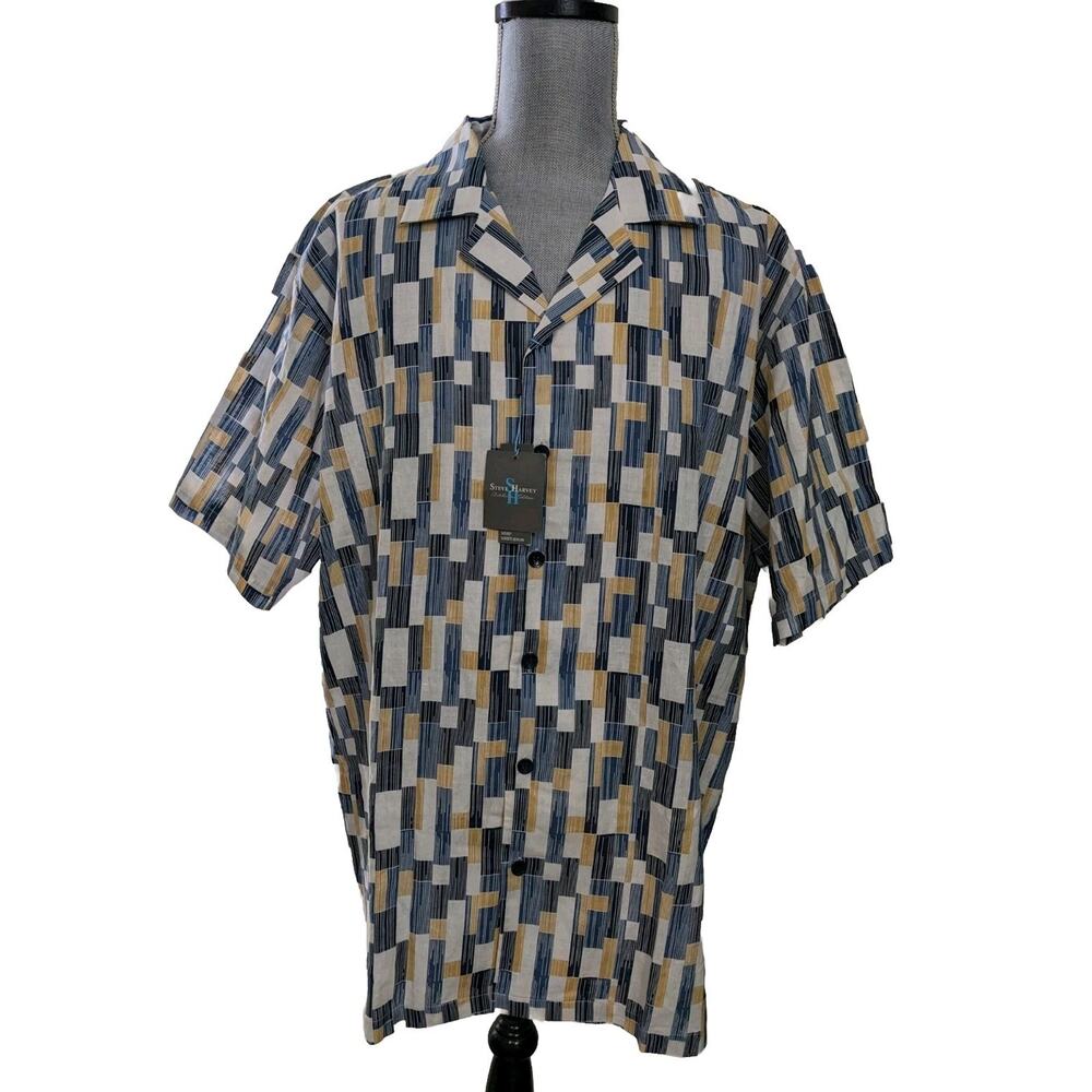 3X STEVE HARVEY BIG AND TALL MEN Short Sleeve Shirt Top New Linen Blue White